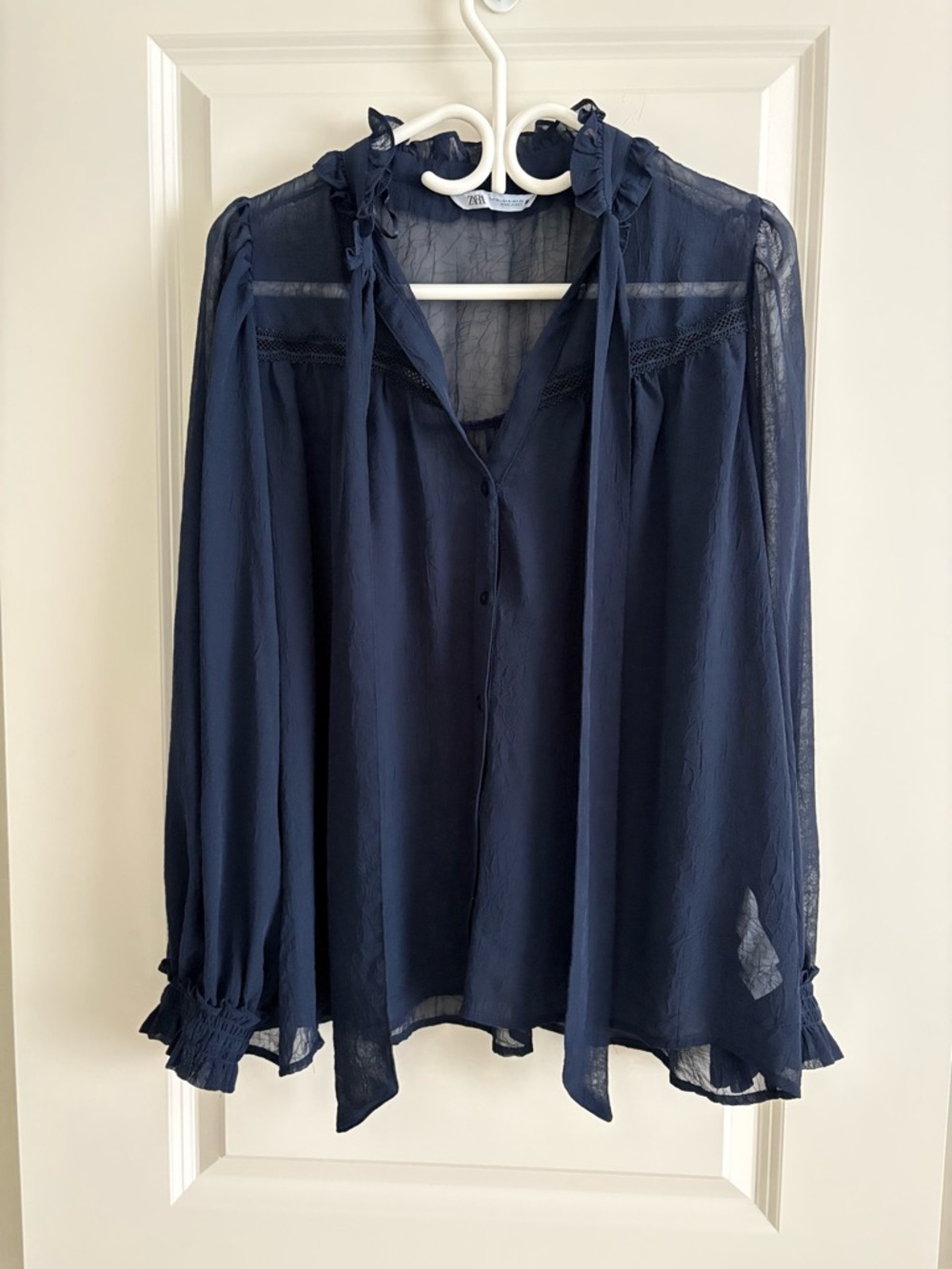 Zara Navy Sheer Ruffle Tie-Neck Blouse